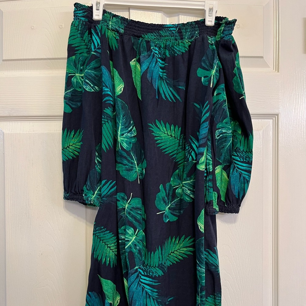 Old Navy Tropical Blue and Green Palm Off the Shoulder Dress